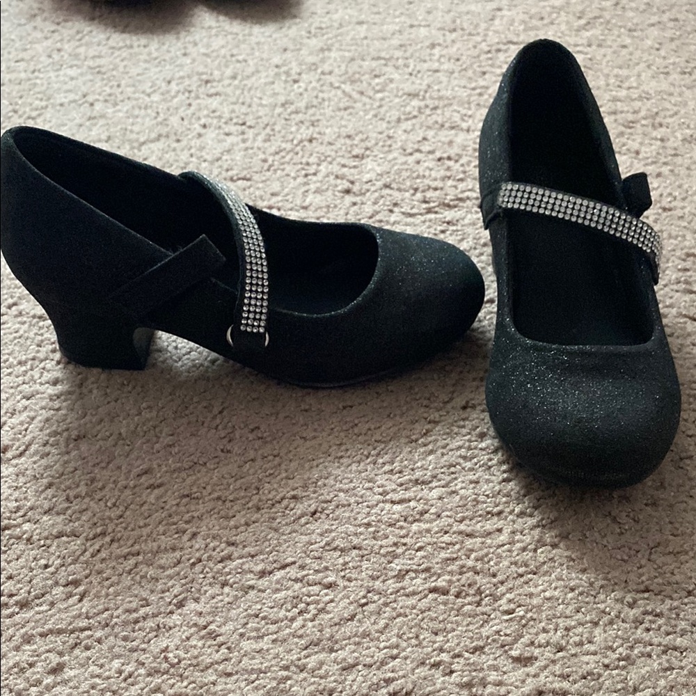 Elegant Black Kids Heels with Rhinestone Strap